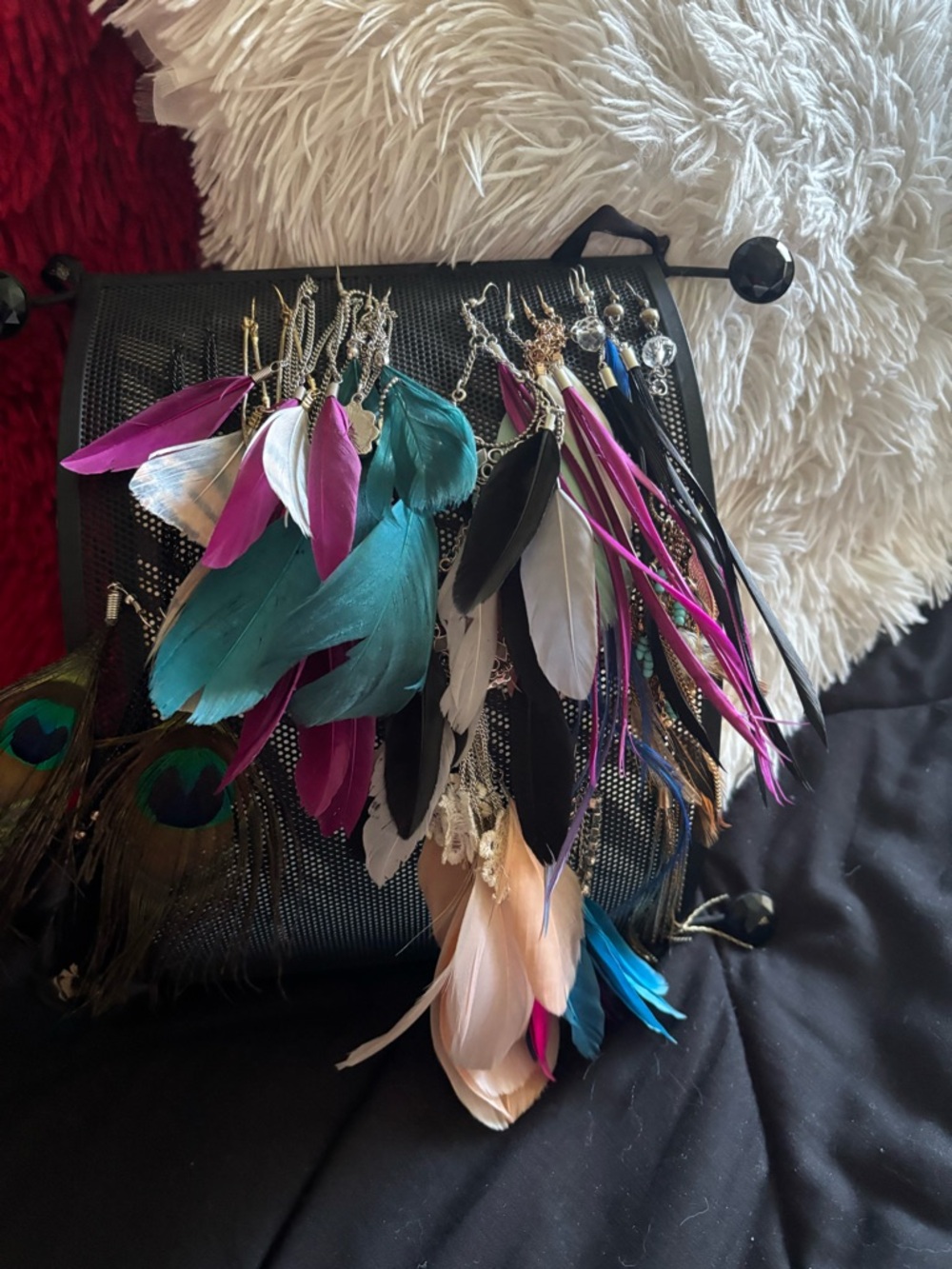 Colorful Feather Earrings Lot - Teal, Purple, Black & Peach